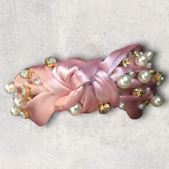 ⭐️ Brand New - Satin Top Knot Headband with Pearls in Pink - Picture 2 of 5
